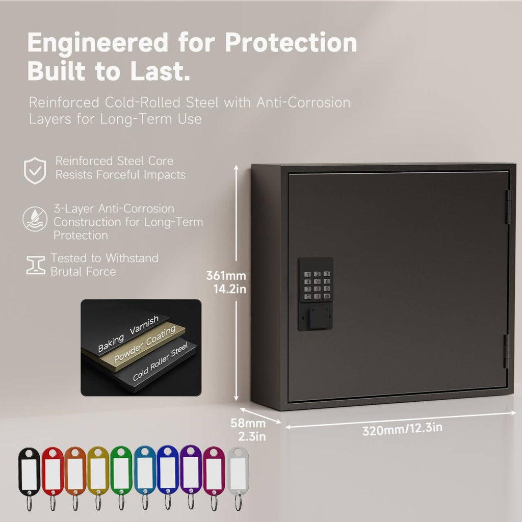 WeHere Smart Key Lock Box, Wall Mounted Key Cabinet with 90 Key Tags, Bluetooth App Control, OTP & Password Unlock, Wi-Fi Remote Unlock (Bridge Required), Steel Key Safe for Office Home Business