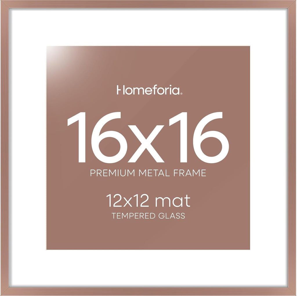 Homeforia 16x16 Picture Frame Mocha, High End Metal 16x16 Square Poster Frame Matted to 12x12 Print, 16 x 16 Mocha Frames with Mat 12 x 12 Photo, 16by16 Thin Frames, Tempered Glass, Wall Kit, Set of 1