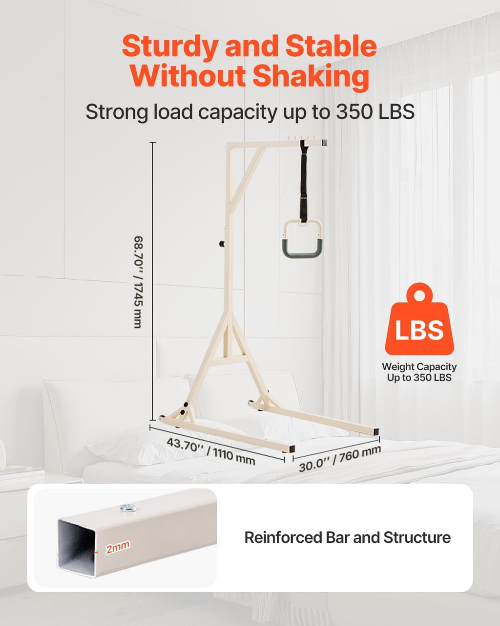 VEVOR Trapeze Bar for Bed Mobility, Height-Adjustable Bed Trapeze with 2 Casters, 350LBS Weight Capacity Heavy Duty Pull Up Trapeze Bar with Floor Stand for Elderly, Disabled, Bedridden Patients