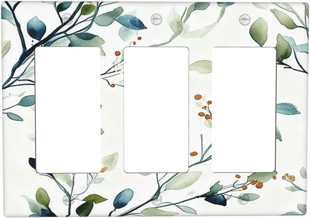 Decorative Outlet Covers Rustic Eucalyptus Leaf Geen Sage Leaves 3 Gang Light Switch Cover Plate Triple Rocker Wall Plates for Electrical Outlets Switch Plate Covers for Bedroom Home Decor