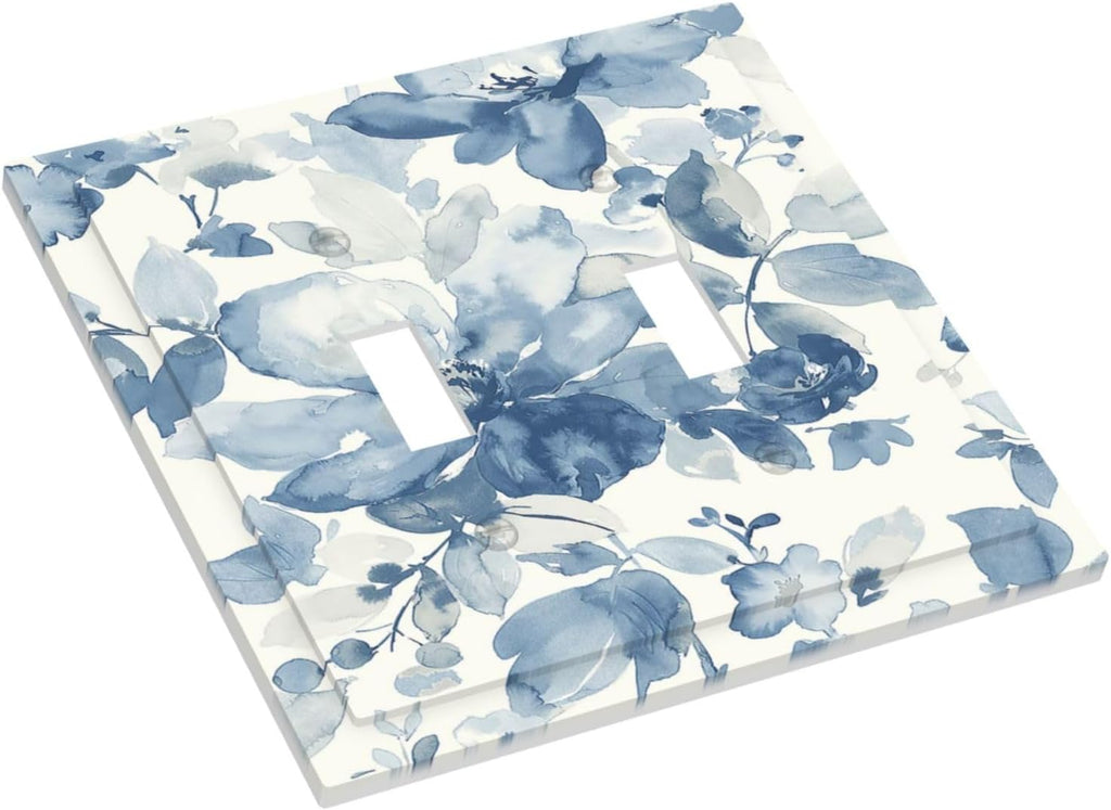 Decorative Switch Plates Blue Watercolor Floral 2 Gang Double Toggle Outlet Light Switch Cover Wall Plate Electrical Faceplate for Bedroom Bathroom Decor
