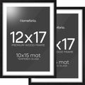 Homeforia 12x17 Picture Frame Black Wood, High End Oak 12x17 Poster Frames with Mat 10x15 Photo, 12 x 17 Wooden Frame Matted to 10 by 15 Print, 17x12 Hanging Frames, Tempered Glass, Wall Kit, Set of 2