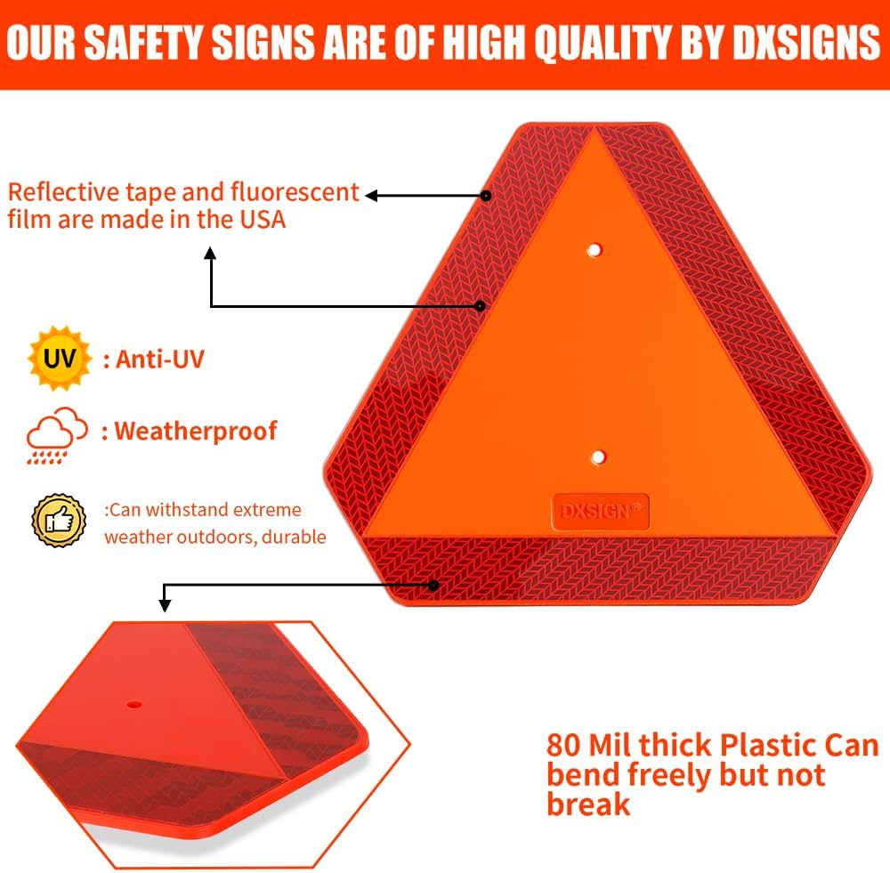 Slow Moving Vehicle Sign Triangle Sign 14"x16" Engineering Grade Reflective Up to 7 Years Outdoor for Golf Cart (Plastic NEW)