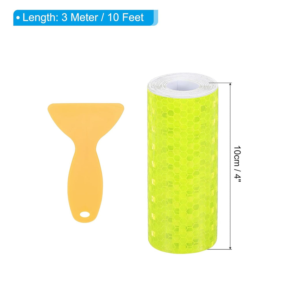 PATIKIL 4 Inch x 10 ft Reflective Tape, 1 Roll Waterproof Self Adhesive High Visibility Caution Warning Safety Tape Reflector with Scraper for Trucks Trailers Cars, Bright Yellow