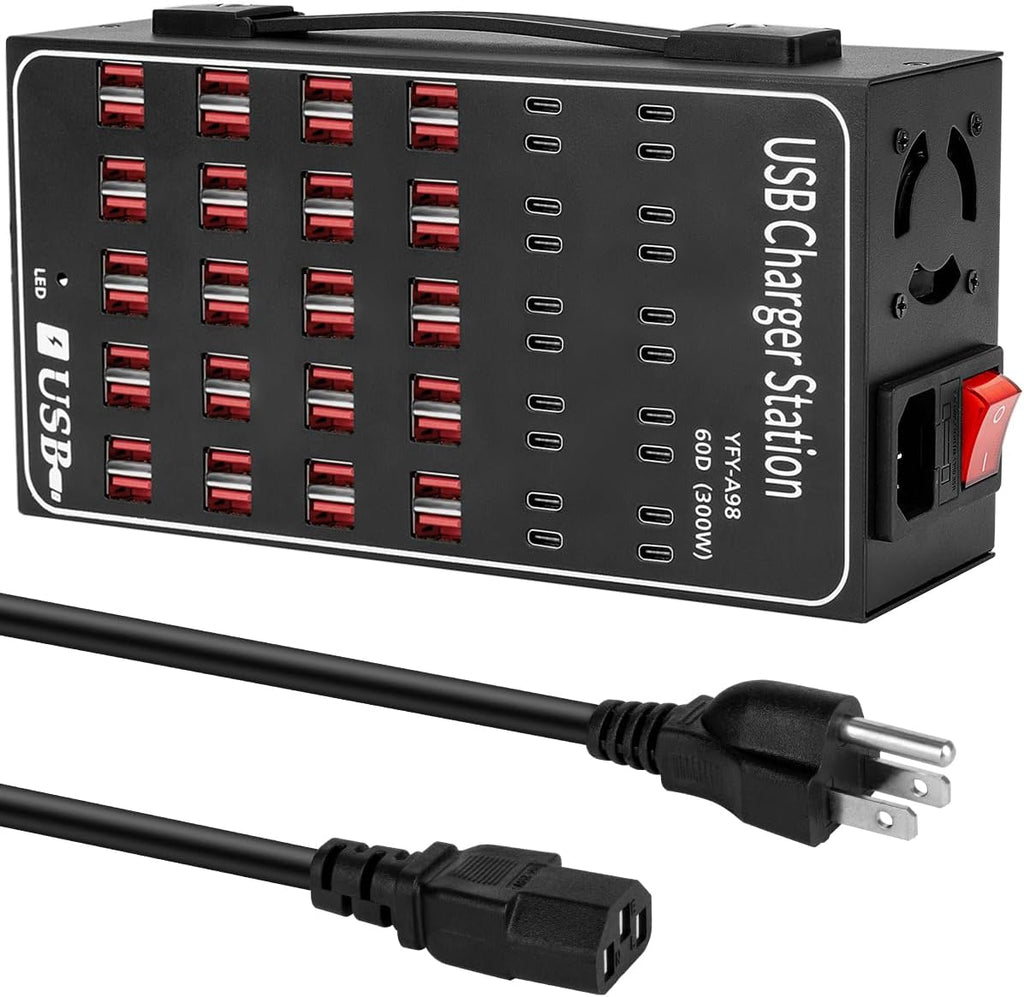 60 Port 300W(60A) USB Charging Station, Multi USB C Charger Station Block with Intelligent Protection, Desktop Charging Station for Multiple Devices, Suitable for Schools, Hotels, Shops and Malls