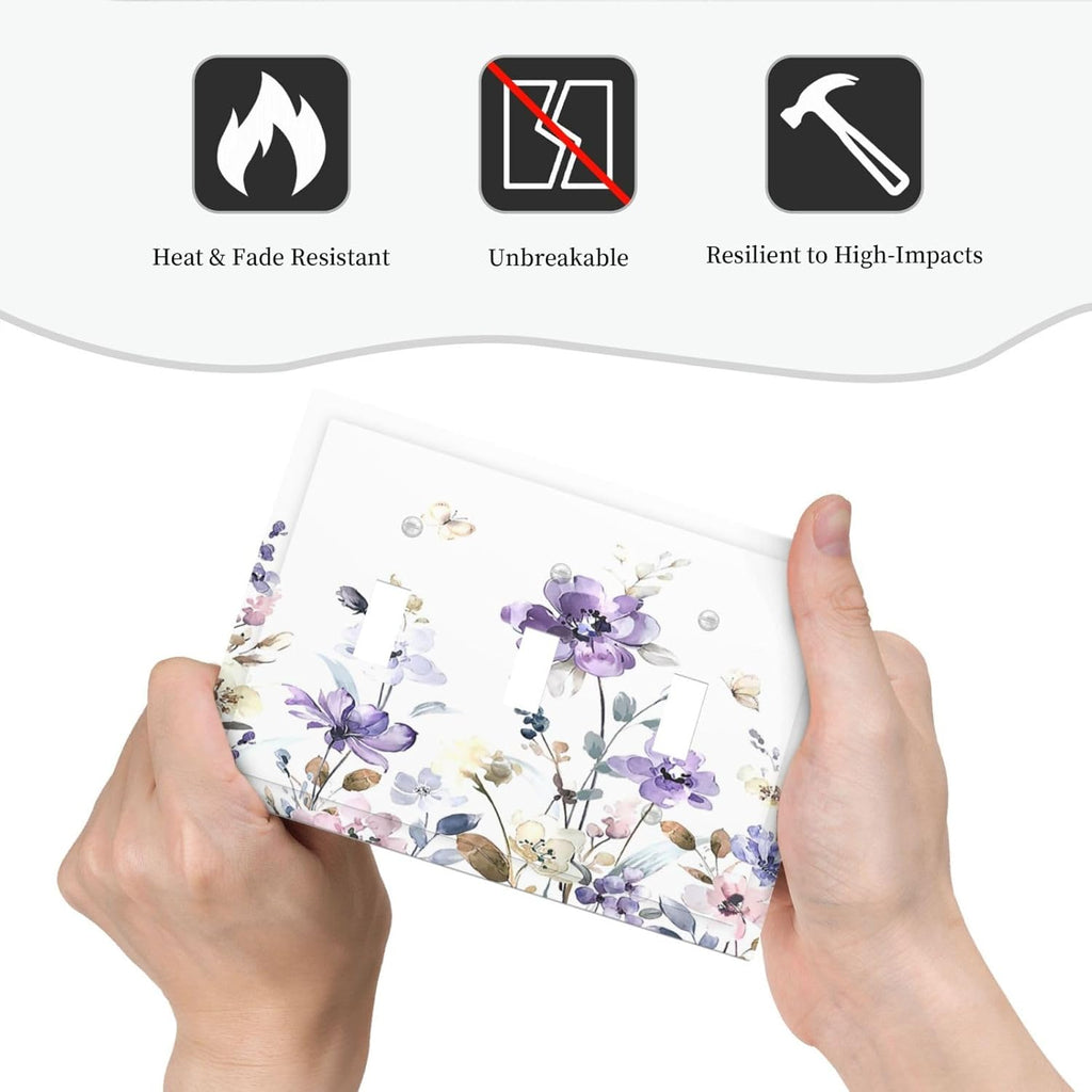 Decorative Switch Plates Purple Floral Lilac Watercolor Flower Leaves Butterfly Wildflower 3 Gang Wall Plate Faceplate Triple Toggle Light Switch Cover Electrical Wall Panels for Bedroom Home Decor