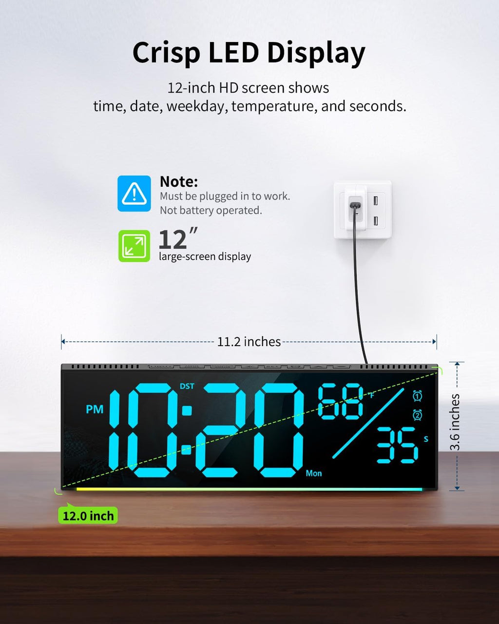 Digital Wall Clock, Large Display Digital Clock with 11 RGB Colors, Wall Clock with Night Light, Alarm Clock, Date, Week, Temp, DST for Living Room, Bedroom, Classroom Decor, Gift for Senior Mom Dad