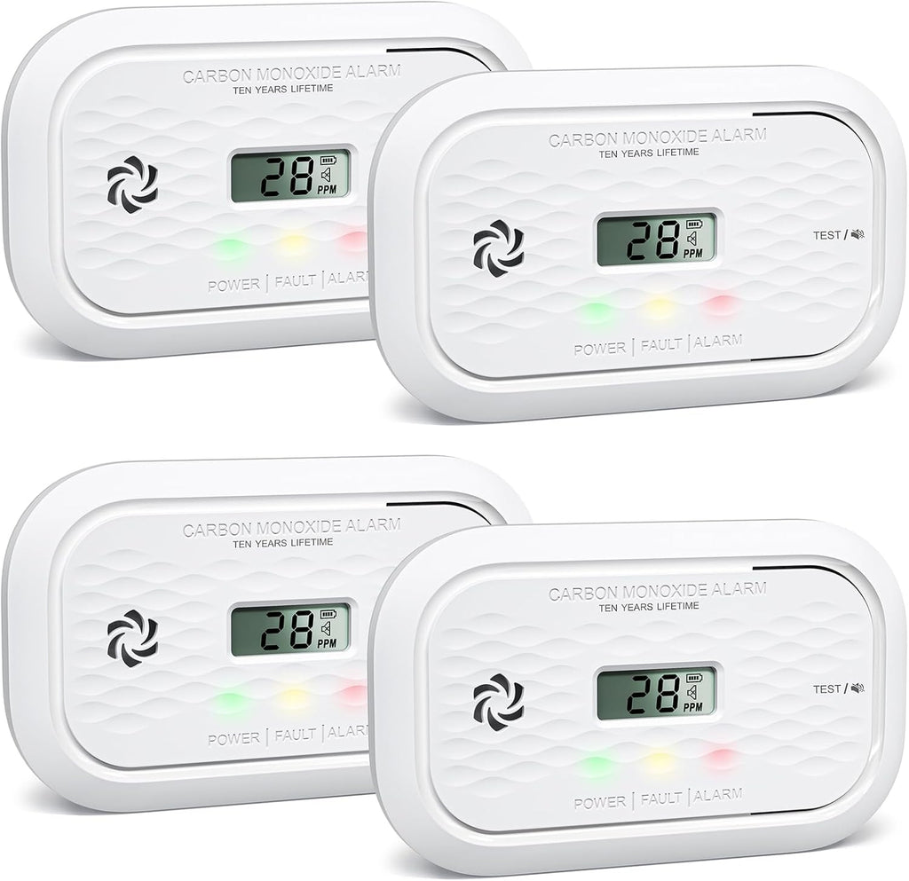 4 Packs Carbon Monoxide Detectors,10 Year Battery Carbon Monoxide Alarm, CO Detector with LCD Display, 3 LED Lights CO Alarm for Home