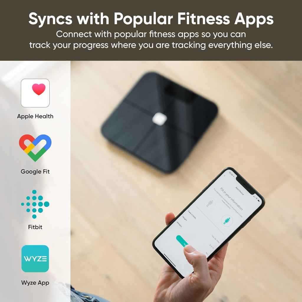 Wyze Smart Scale, Scale for Body Weight, Digital Bathroom Scale for Body Fat, BMI, and Heart Rate, Body Composition Analyzer with App, Batteries Included, Bluetooth, 400 lb, Black