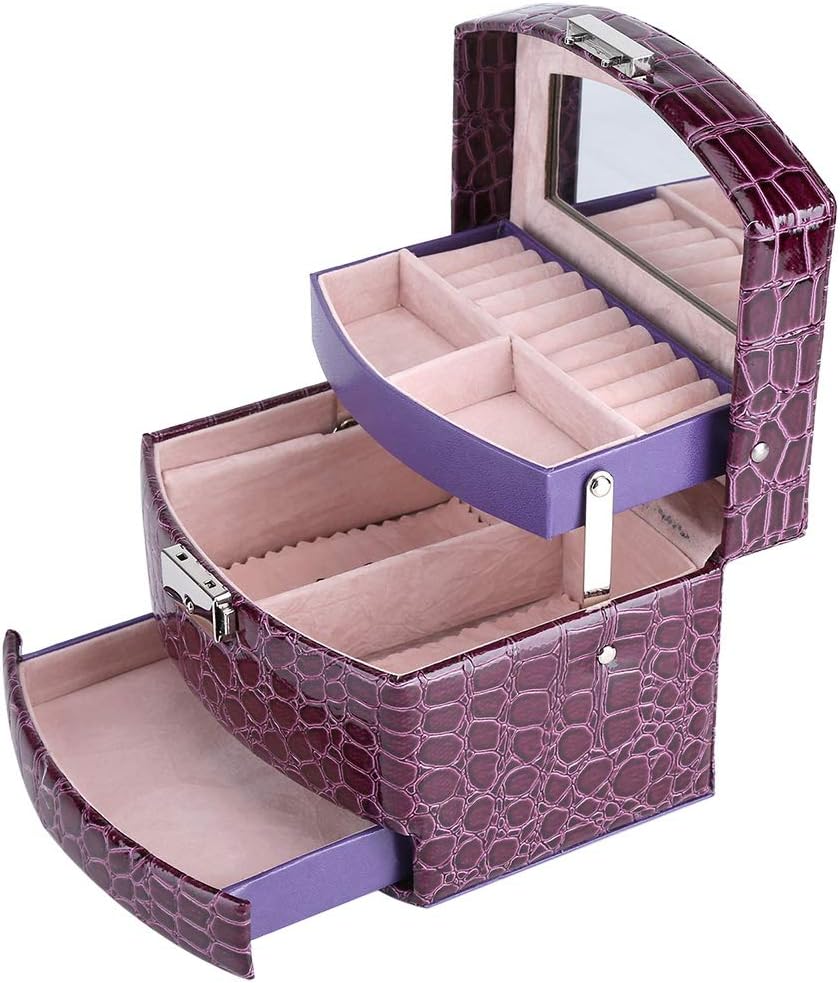 Portable Jewelry Box Organizer, Multi Layer Storage Case for Rings Earrings Necklaces, Purple PU Leather Jewelry Organizer with Mirror, 3 Drawers Travel Jewelry Box for Women Girls