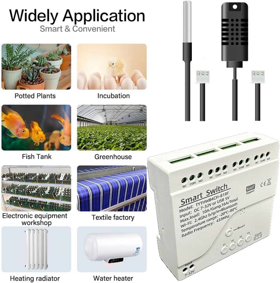 Tuya WiFi Smart Temperature Sensor Controller, 4CH 7-32V Relay Switch, Remote Voice Control, APP Remote Control, Dry Contact, Real-Time Monitoring, Compatible with Alexa and Google Home