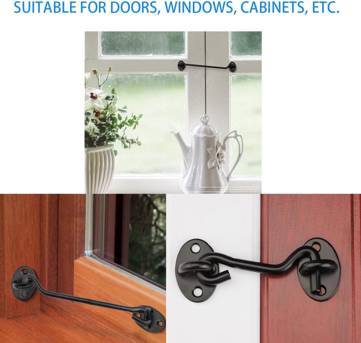 3” Barn Door Lock Gate Latch 5 Pack,Privacy Hook and Eye Latch, Easy Lock for Wooden Fence, Screen Door, Outdoor Fence, Black