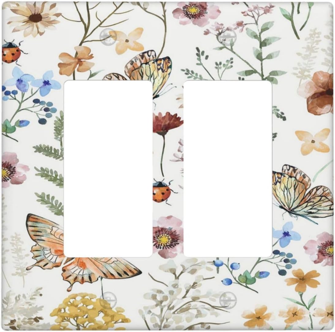 Decorative Outlet Covers Rustic White Butterfly Flowers Leaves 2 Gang Wall Plate Double Rocker Two Switch Wall Cover Plate Light Switch Cover Plate Faceplate for Country Bedroom Decor