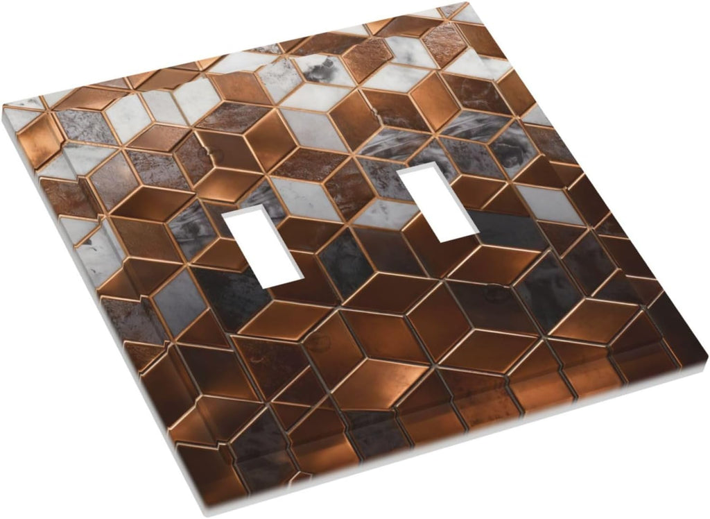 Brown Abstract Luxury Modern Geometric Cubic Marble 2 Gang Double Toggle Decorative Light Switch Covers Electrical Faceplate Switch Plates for Bathroom Kitchen Home