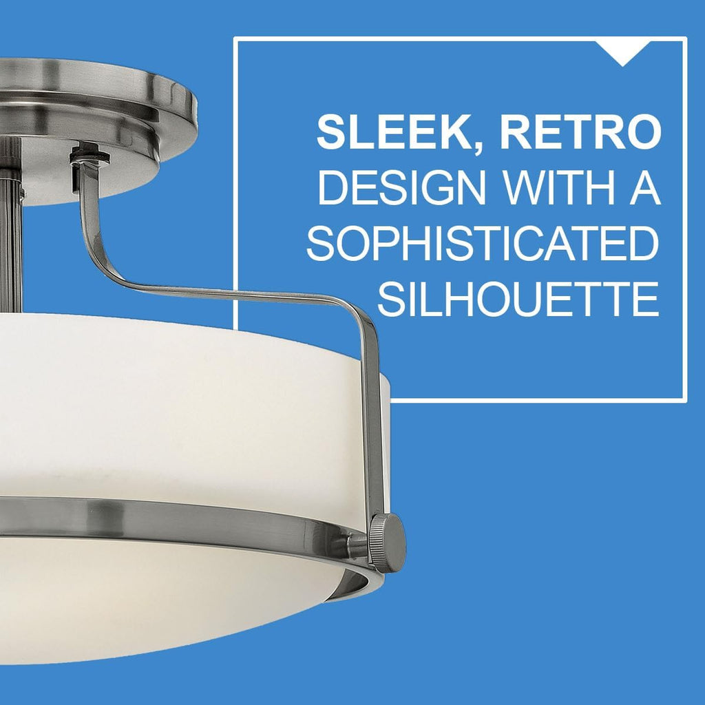 Hinkley Harper 3641BN Medium Semi-Flush Mount Ceiling Light - Sleek, Retro Style - Brushed Nickel + Etched Opal Glass