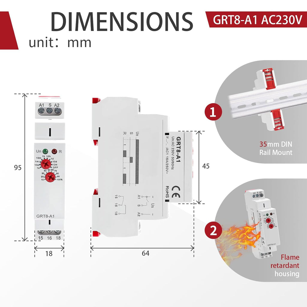 Delay ON Time Relay, GRT8 A1 230V Time Delay Relay Module, Delay Timer Switch 16A AC230V Adjustable Delay Timer Switch in Din Rail