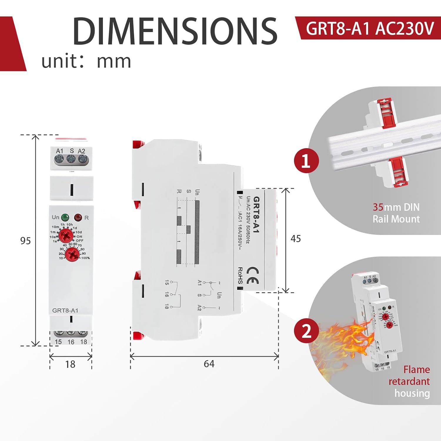 Delay ON Time Relay, GRT8 A1 230V Time Delay Relay Module, Delay Timer Switch 16A AC230V Adjustable Delay Timer Switch in Din Rail