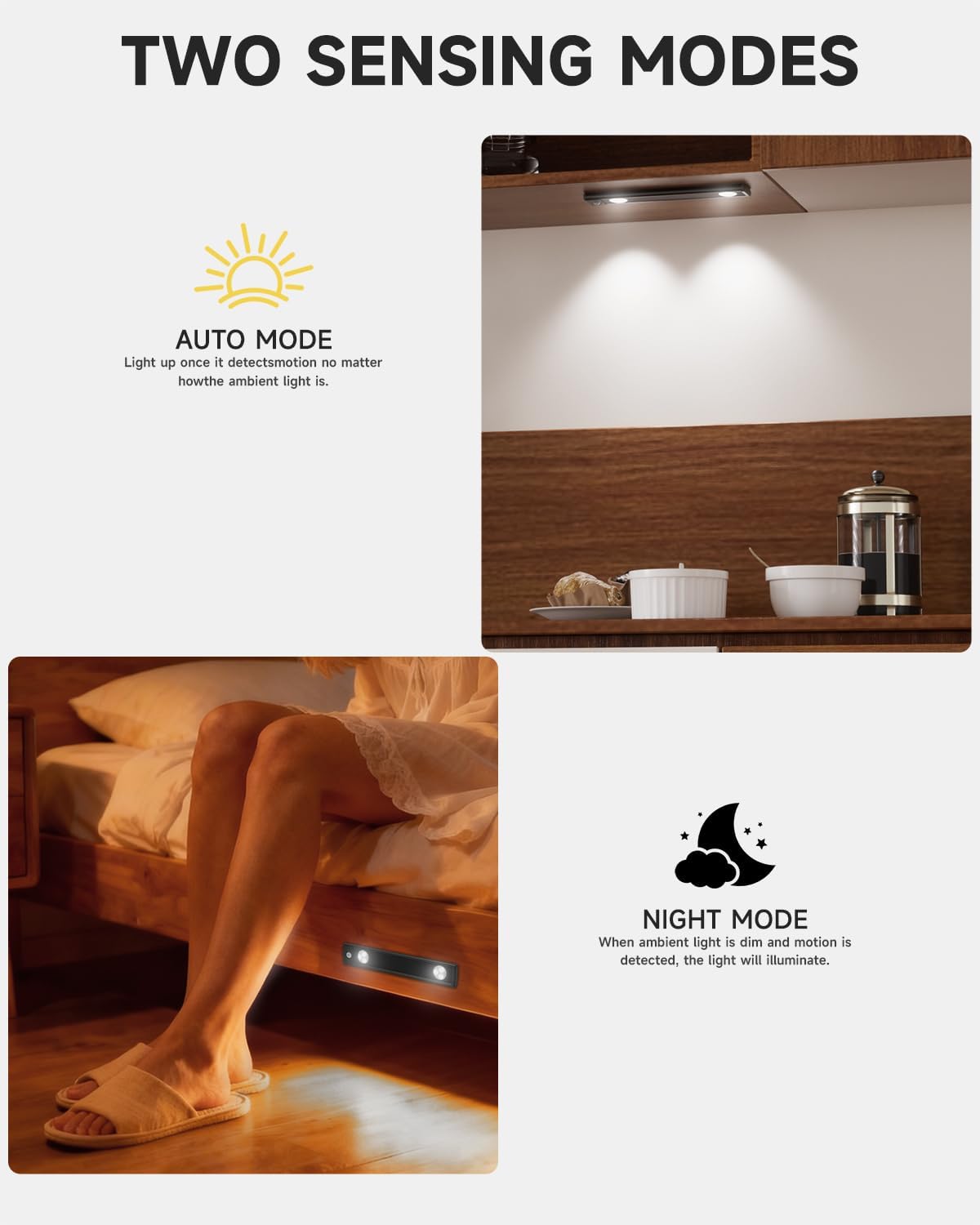 Under Cabinet Lighting, 10" Rechargeable Motion Sensor Light Indoor - 4 Modes, Up to 45 Days, Easy Wireless Magnetic Mount, Under Counter Lights for Kitchen, Closet, Hallway (2 Pack, White Light)