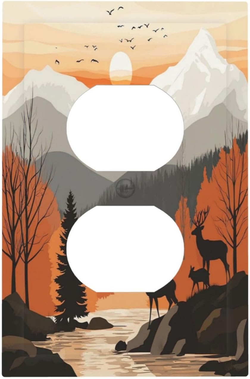 Sun Forest Deer Snow Mountain River Outlet Covers 1 Gang Duplex Light Switch Cover Decorative Switch Plates Electrical Receptacle Faceplate Wall Plate For Bed Room Living Room Decor