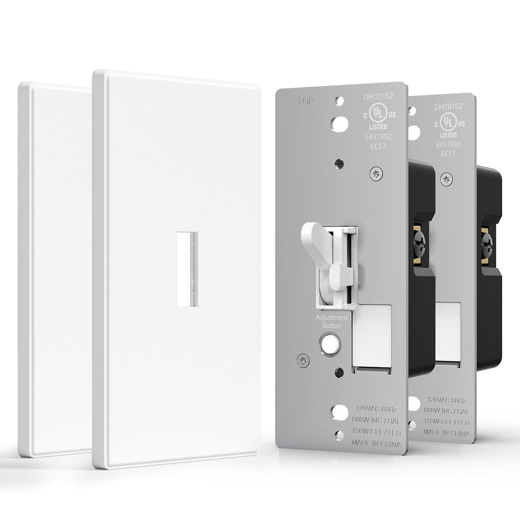 AIDA Digital Toggle Dimmer Switch for Dimmable LED, CFL & Incandescent Bulbs, Single Pole/3-Way, Screwless Wall Plate Included, UL Listed, No Neutral Wire Needed, Matte White (2 Pack)