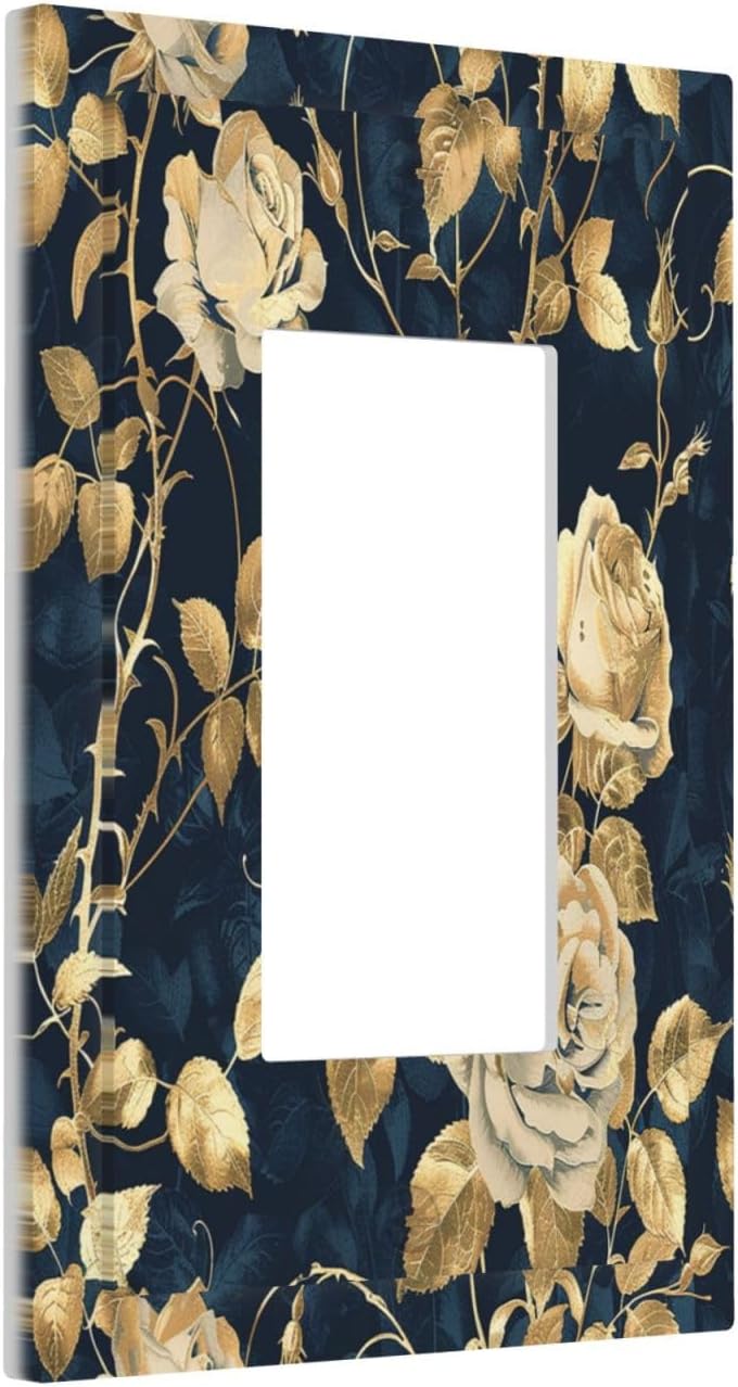 Decorative Outlet Covers Boho Vintage Floral Golden Flower Dark Blue Background 1 Gang Single Rocker Light Switch Cover Plate Wall Plates GFCI Faceplate for Bedroom living Room Decor