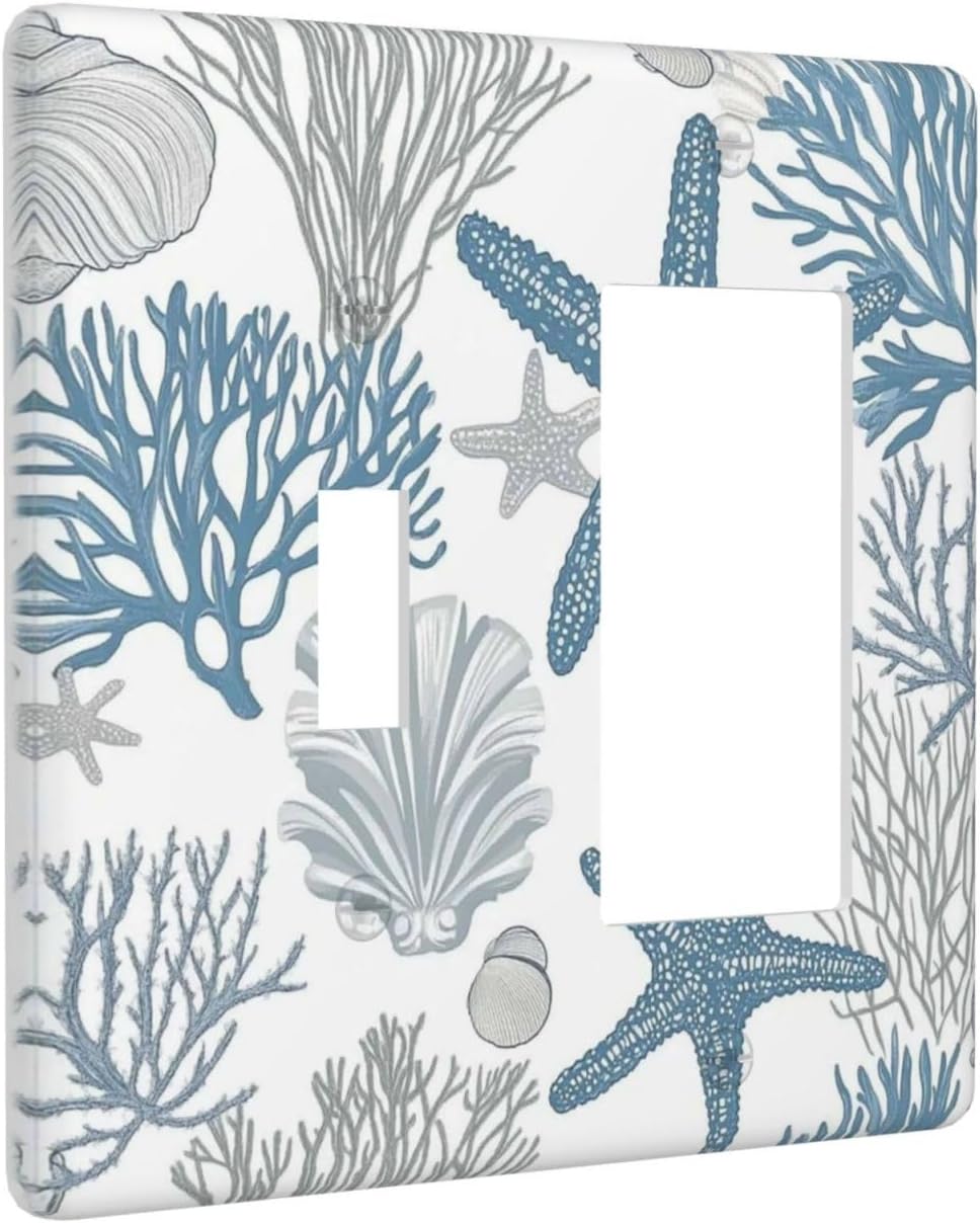 Blue Starfish Nautical Beach Conch Coastal Coral Shell Outlet Covers 1 Toggle 1 Rocker Combination Decorative Wall Plate Electrical Switch Plates Light Switch Cover Plate For Kids Room Bathroom Decor