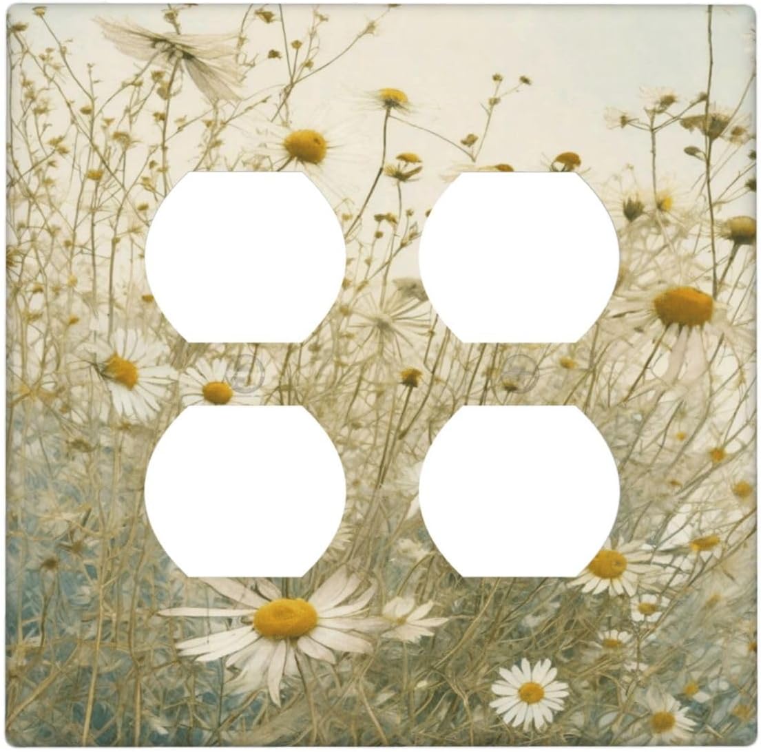 White Wildflowers Daisy Vintage Floral Outlet Covers 2 Gang Double Duplex Decorative Light Switch Covers Electrical Wallplates Socket Faceplate for Bed Room Living Room Decor