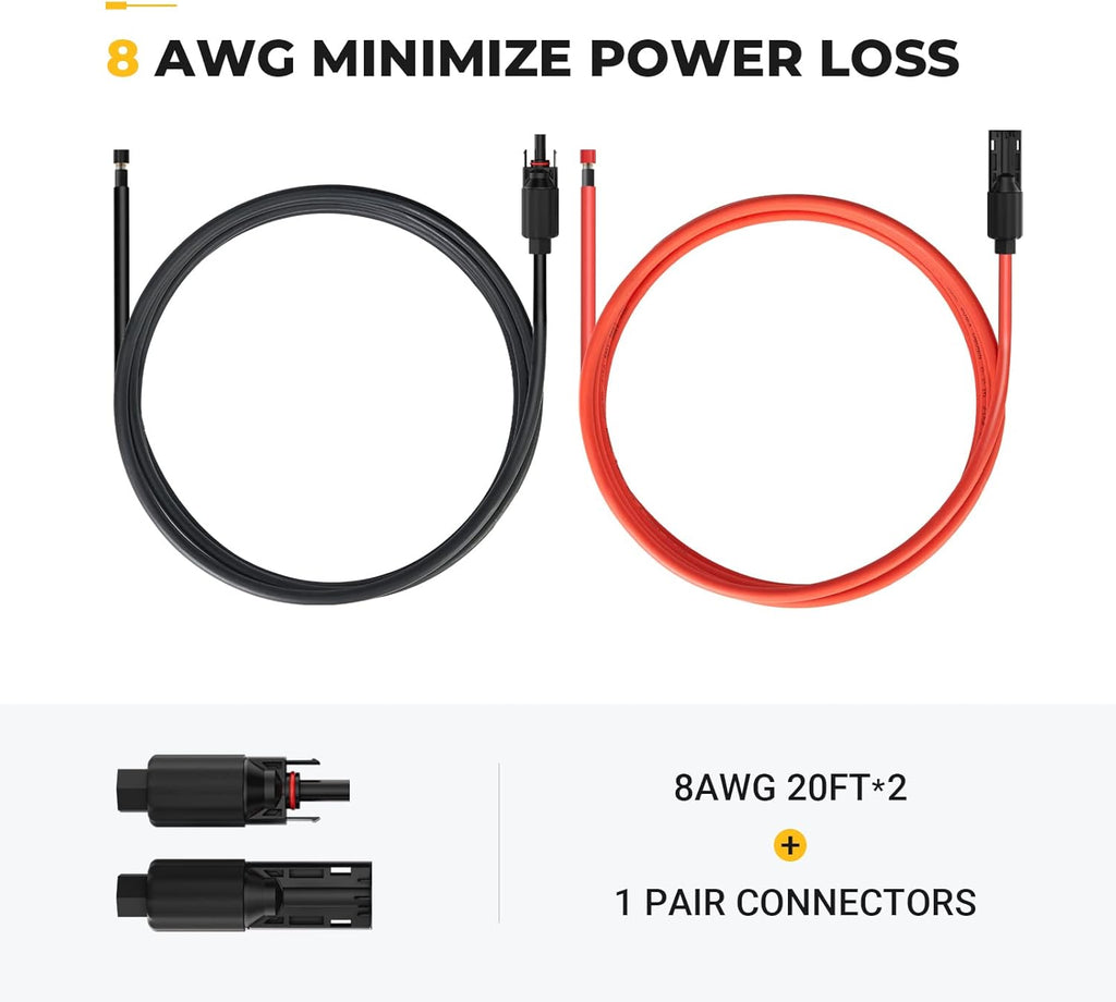 BougeRV 20 Feet 8AWG Solar Extension Cable with Female and Male Connector with Extra Pair of Connectors Solar Panel Adaptor Kit Tool (20FT Red + 20FT Black)
