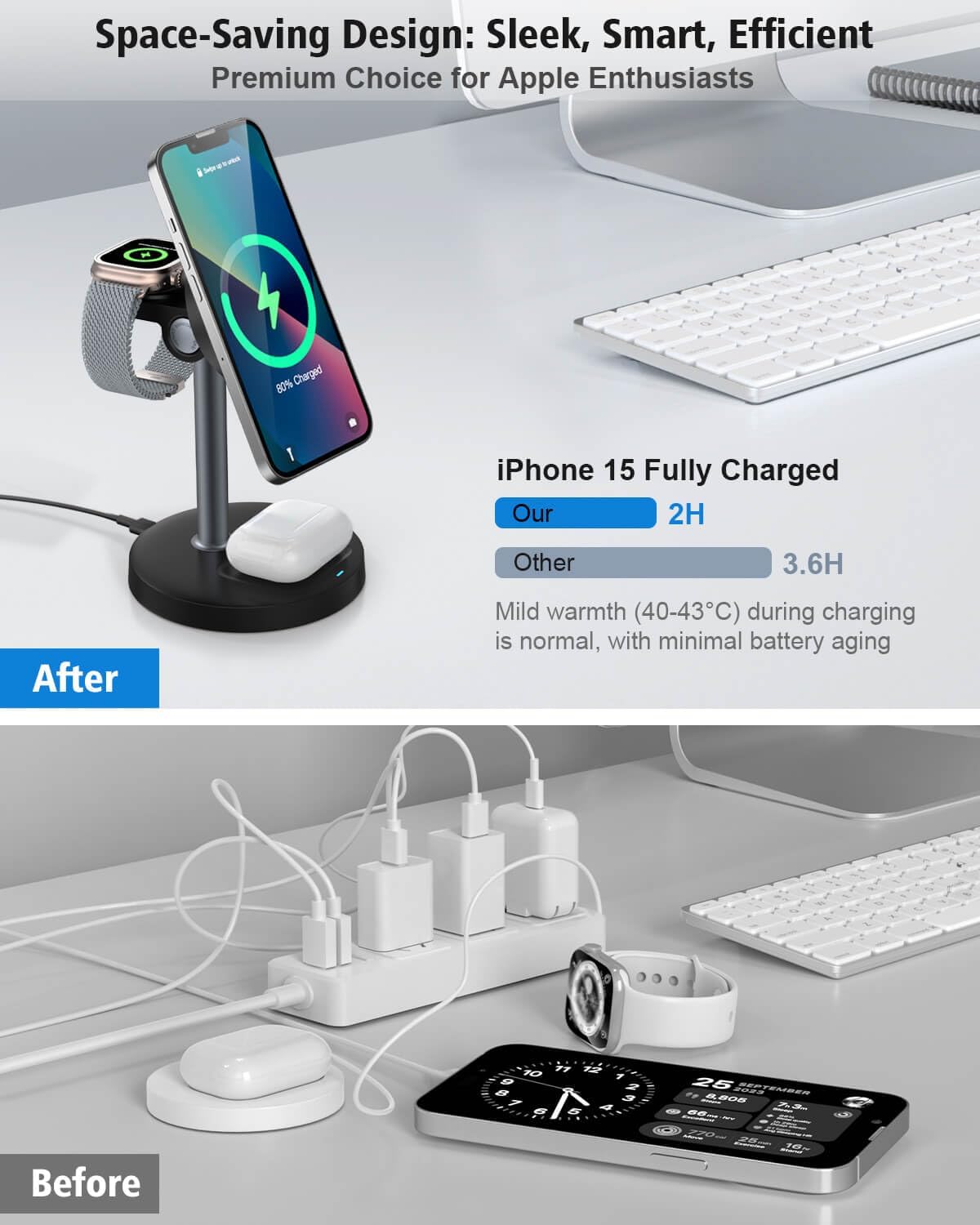 3 in 1 Wireless Charging Station for Apple Magsafe Charger Stand,15W Fast Magnetic Charging Station for iPhone 17 Air 16 15 14 13 12 11 Series, Watch Ultra & AirPods Apple Devices, Cell Phone Dock