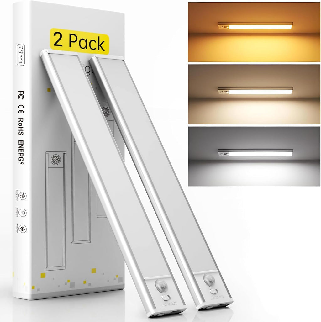 Under Cabinet Lights, Motion Sensor Magnetic LED Light, 8 inch 1000mAh Rechargeable Battery Dimmable Lights with 3 Color Temps, Indoor Wireless Lighting for Kitchen, Closet, Pantry, Counter, 2 Pack
