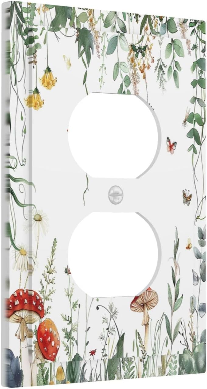 Outlet Covers Sage Plant Red Mushroom Butterfly Wild Flower 1 Gang Duplex Light Switch Cover Decorative Switch Plates Electrical Receptacle Faceplate Wall Plate For Bed Room Kids Room