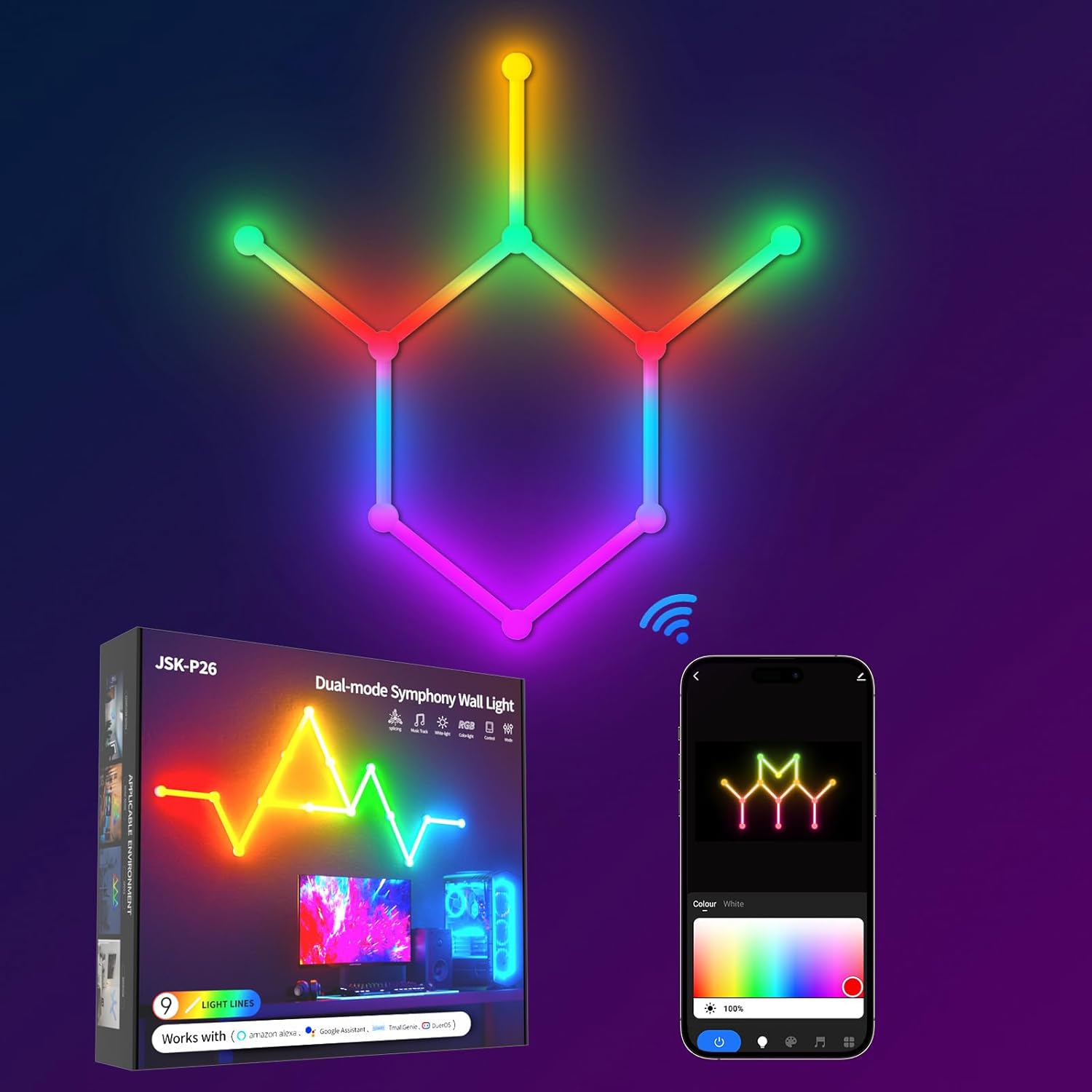 Smart WiFi RGB LED Wall Light Lines, Music Sync DIY Geometry Splicing Gaming Lights, 16M+ Color Changing Home Decor Lights Work with Alexa and Google Assistant for Game Room, Bedroom - 9 Bars