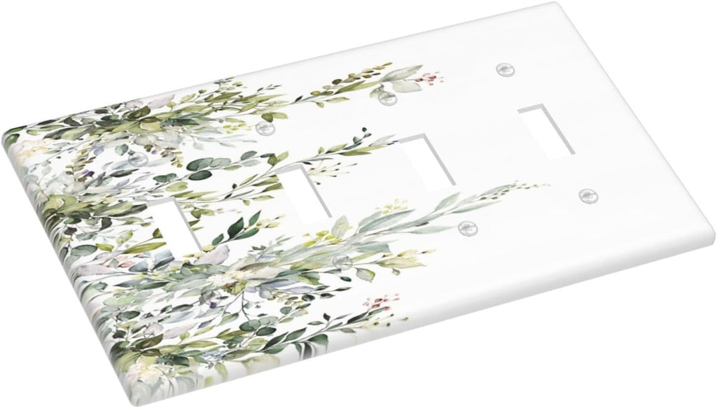 Decorative Light Switch Plate Covers Rustic Eucalyptus Leaves Green Leaf 4 Gang Light Switch Cover Quad Toggle Wall Plate Outlet Covers for Bedroom Home Decor