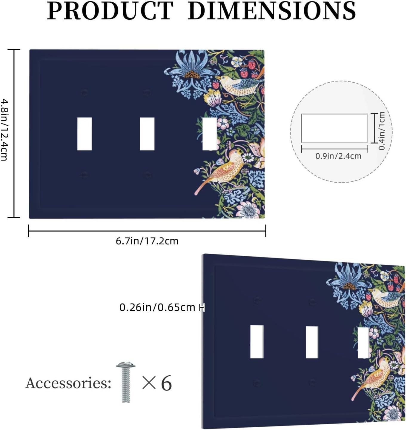 Decorative Light Switch Cover Plate Vintage Blue Morris Strawberry Thief Bird Flower 3 Gang Wall Plate Oversized Triple Toggle Switch Cover Plate Jumbo Faceplate