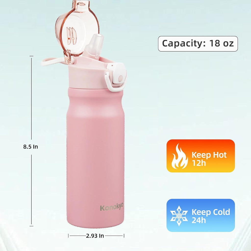 Insulated Water Bottle with Straw and Carry Loop,18 oz Stainless Steel Double Wall Vaccum Metal Water Flask with Leak-proof Lid,Pink