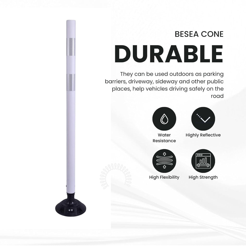 BESEA 8PCS 48" Traffic Delineator Posts with Detachable Base & High-Visibility Reflective Collars,White Durable Flexible Safety Cones for Work Zones, Parking Lots, and Roadways