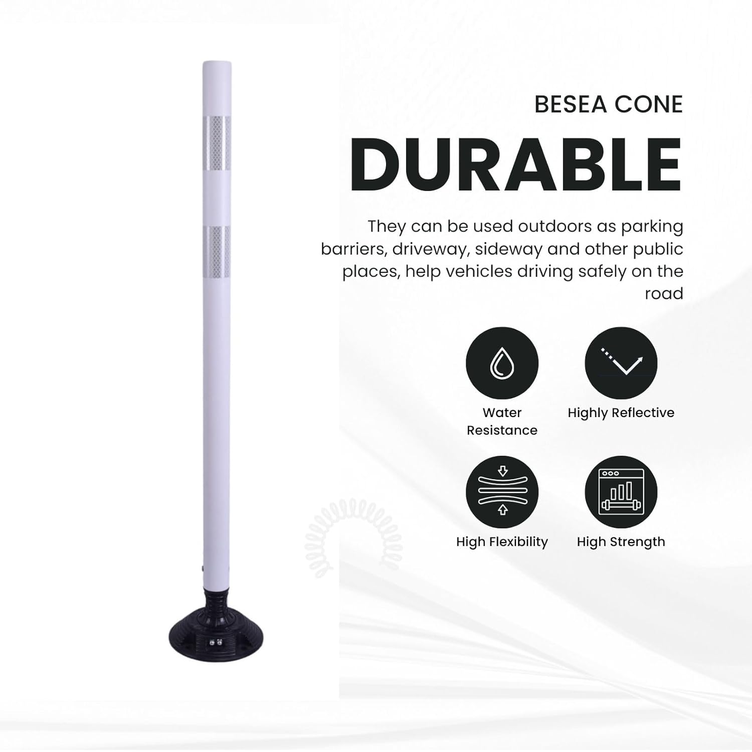 BESEA 8PCS 48" Traffic Delineator Posts with Detachable Base & High-Visibility Reflective Collars,White Durable Flexible Safety Cones for Work Zones, Parking Lots, and Roadways