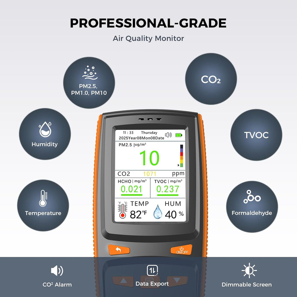 Air Quality Monitor, Indoor Air Quality Tester for CO2, TVOC, Formaldehyde, PM1.0/2.5/10, Temp & Humidity, with CO2 Alert, Data Storage, Adjustable Screen for Home, Office