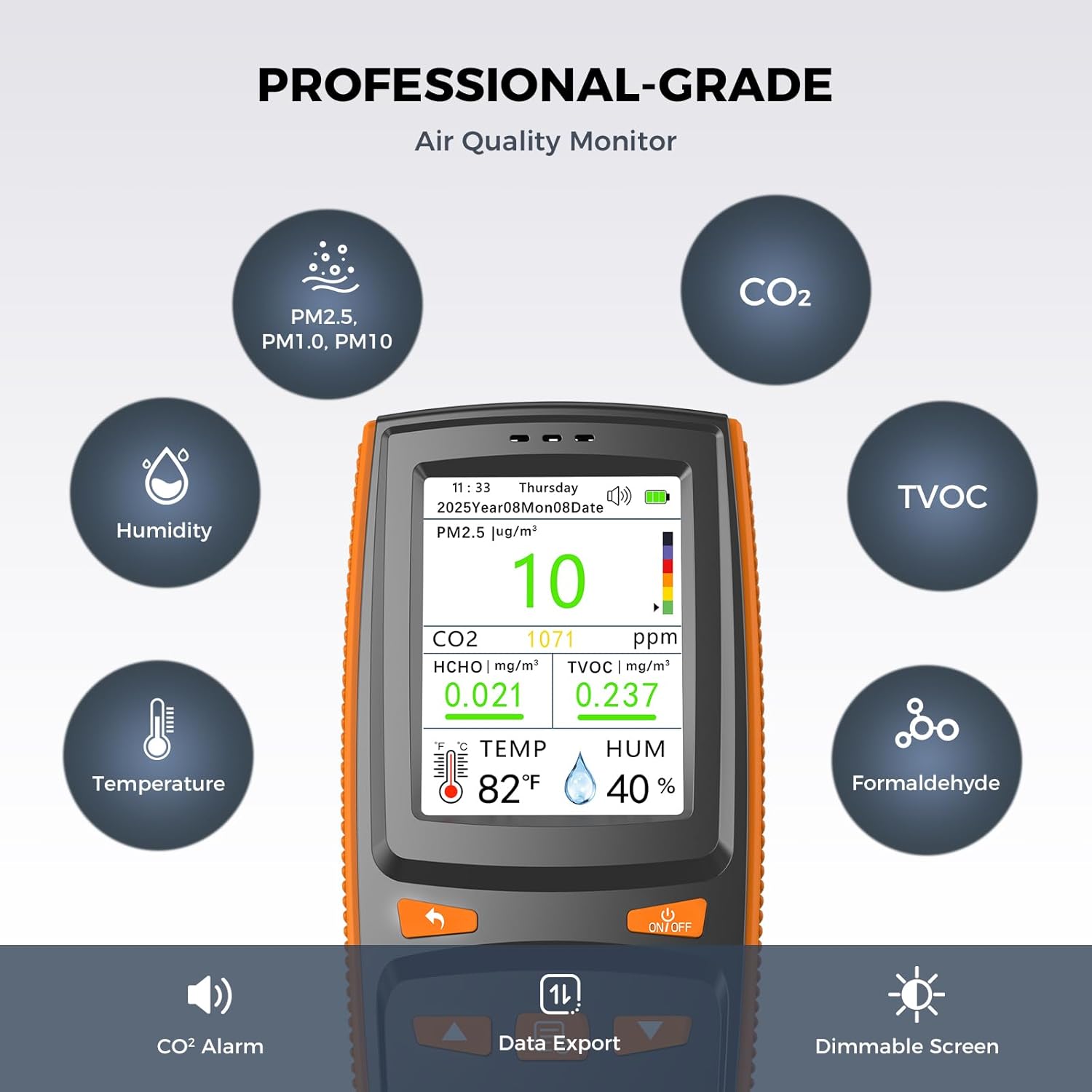 Air Quality Monitor, Indoor Air Quality Tester for CO2, TVOC, Formaldehyde, PM1.0/2.5/10, Temp & Humidity, with CO2 Alert, Data Storage, Adjustable Screen for Home, Office