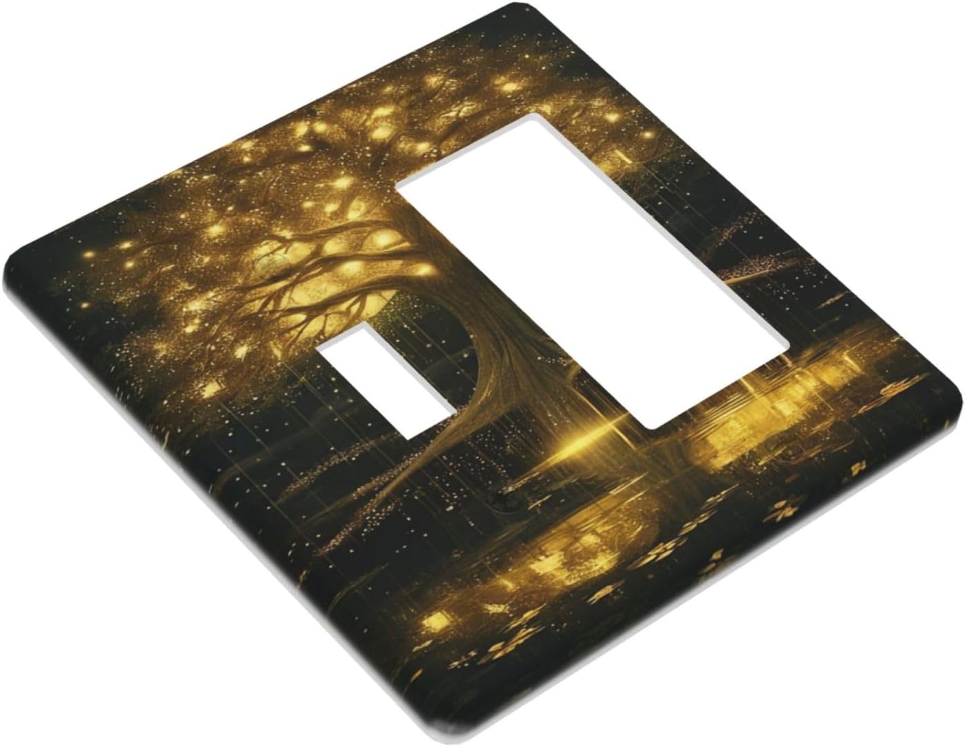 Decorative Outlet Covers Golden Shining Fantasy Kabbalah Tree of Life 2 Gang Wall Plate Single Toggle 1 Rocker Light Switch Cover Switch Plate Covers Faceplate for Bedroom Home Decor