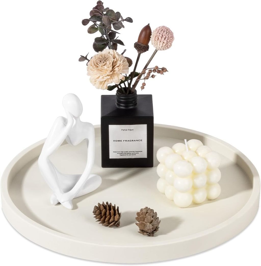 Silicone Bathroom Tray Round Vanity Tray Decorative Soap Holder Kitchen Countertop Organizer Coffee Table Decor for Candle, Perfume, Plant, 12 Inch, Beige