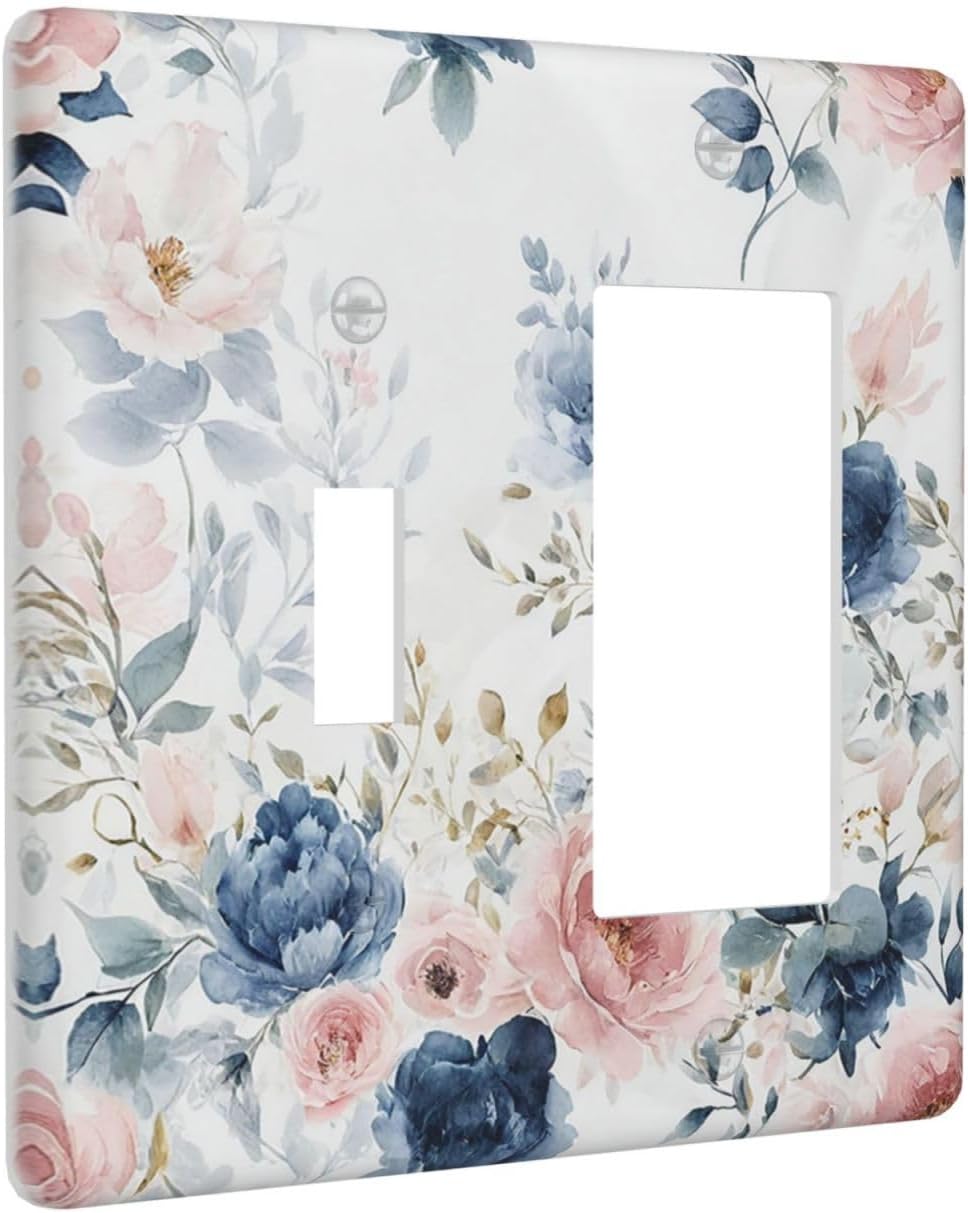 Elegant Watercolor Pink Blue Flowers Floral 2 Gang Combo 1 Toggle 1 Rcoker Light Switch Covers Decorative Switch Plates Electrical Switch Plates and Outlet Covers for Home Art Decor 4.5 X 4.5 IN