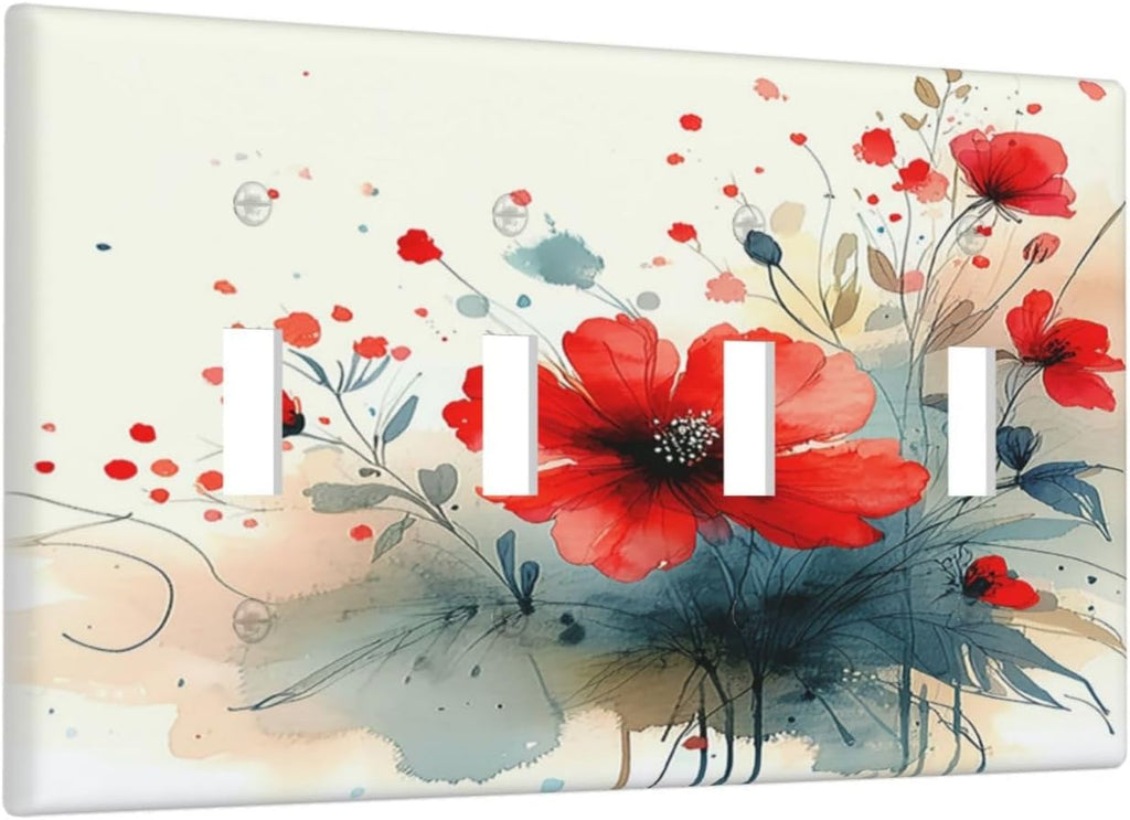Vintage Floral Red Watercolor Modern Light Switch Covers Quad Toggle 4 Gang Wall Plate Decorative Switch Plates Electrical Faceplate for Bedroom Bathroom Decor