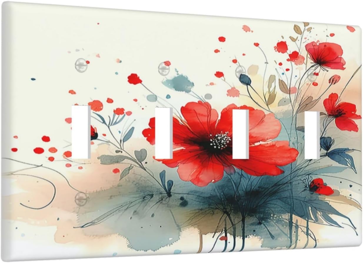 Vintage Floral Red Watercolor Modern Light Switch Covers Quad Toggle 4 Gang Wall Plate Decorative Switch Plates Electrical Faceplate for Bedroom Bathroom Decor
