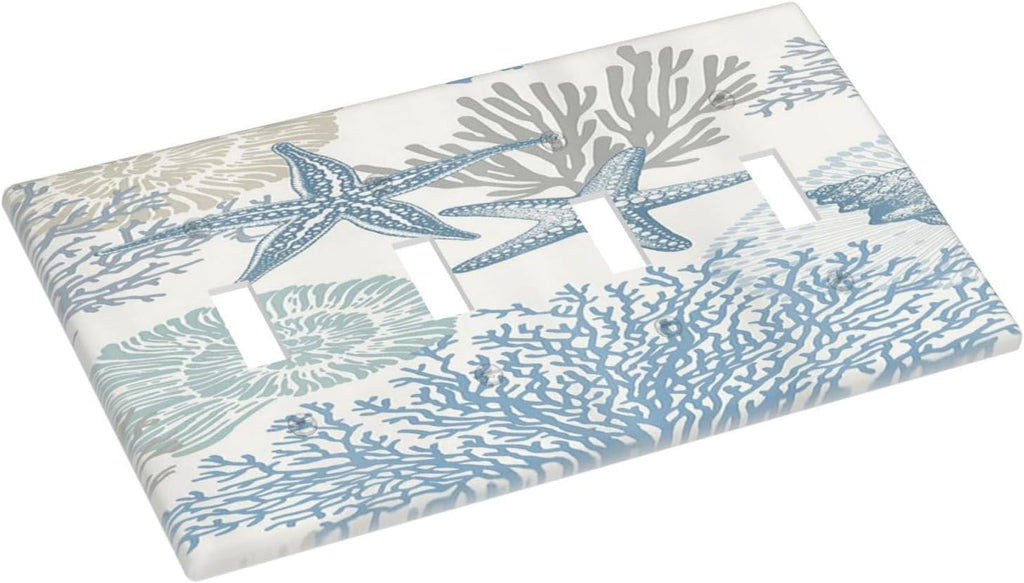 Decorative Light Switch Plate Covers Blue Starfish Coral Seaweed 4 Gang Light Switch Cover Quad Toggle Wall Plate Outlet Covers for Bathroom Bedroom Decor