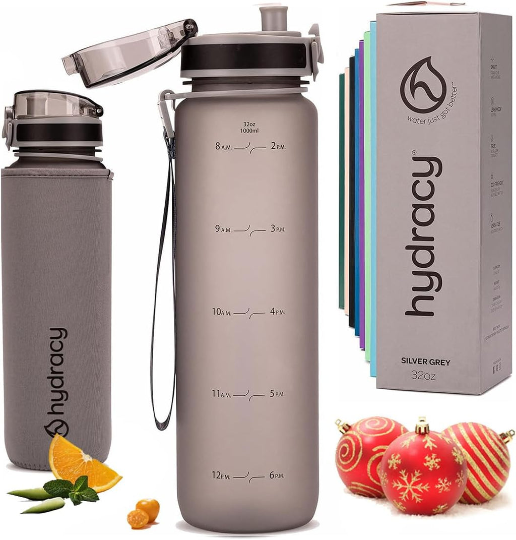 Hydracy Water Bottle with Time Marker -Large BPA Free Water Bottle & No Sweat Sleeve -Leak Proof Gym Bottle with Fruit Infuser Strainer & Times to Drink -Ideal for Fitness Sports & Outdoors