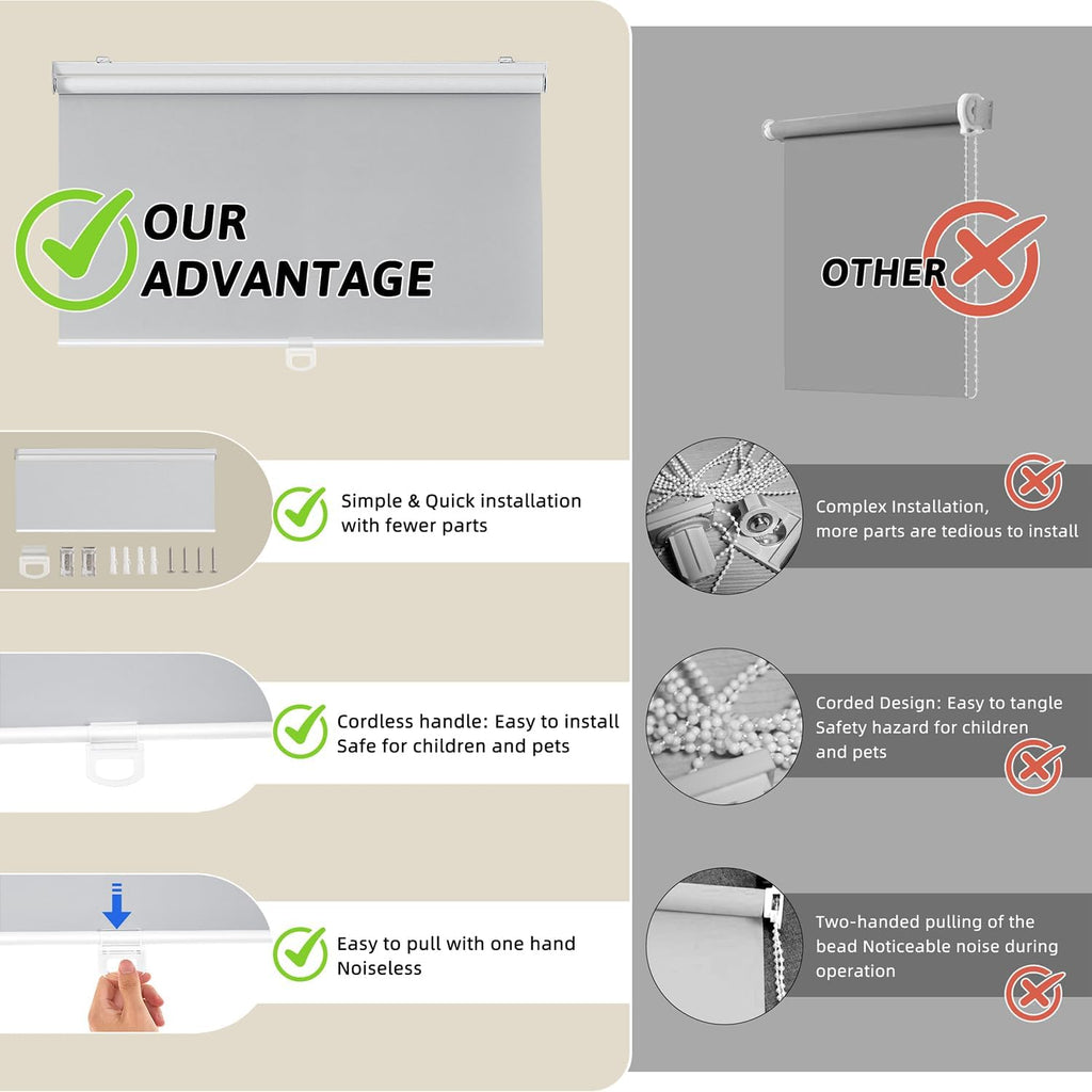 ChrisDowa Cordless Blackout Roller Shades for Windows, Thermal Insulated UV Protection Pull Down Shades, Total Blackout Window Blinds for Home, Office, Bedroom, Door (21" W x 72" H, Grey)