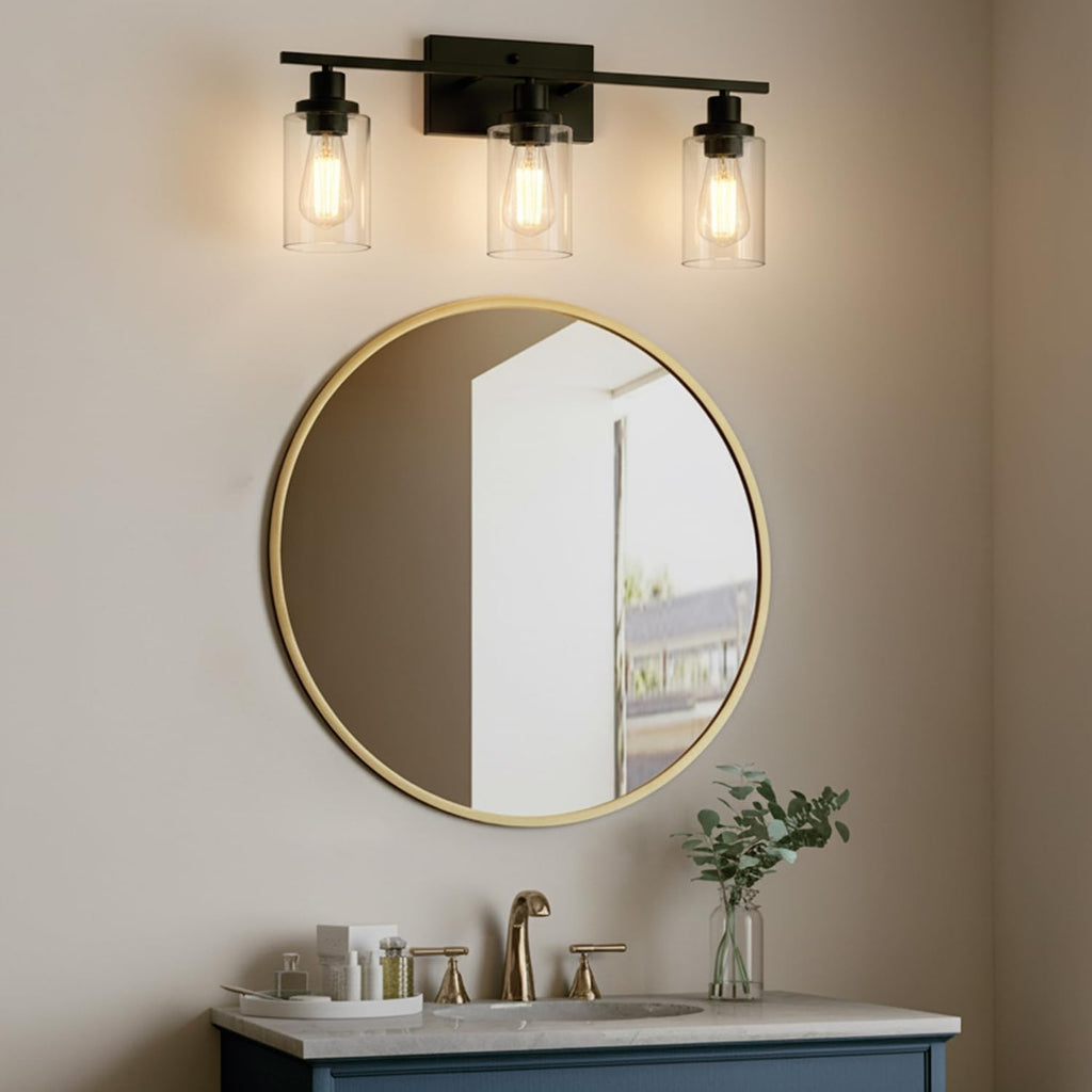 MELUCEE Bathroom Vanity Light Fixtures 24 Inches Length 3 Lights Wall Sconce Black with Clear Glass Shade for Bedroom Living Room Hallway Kitchen (Patent No.: US D963914 S)