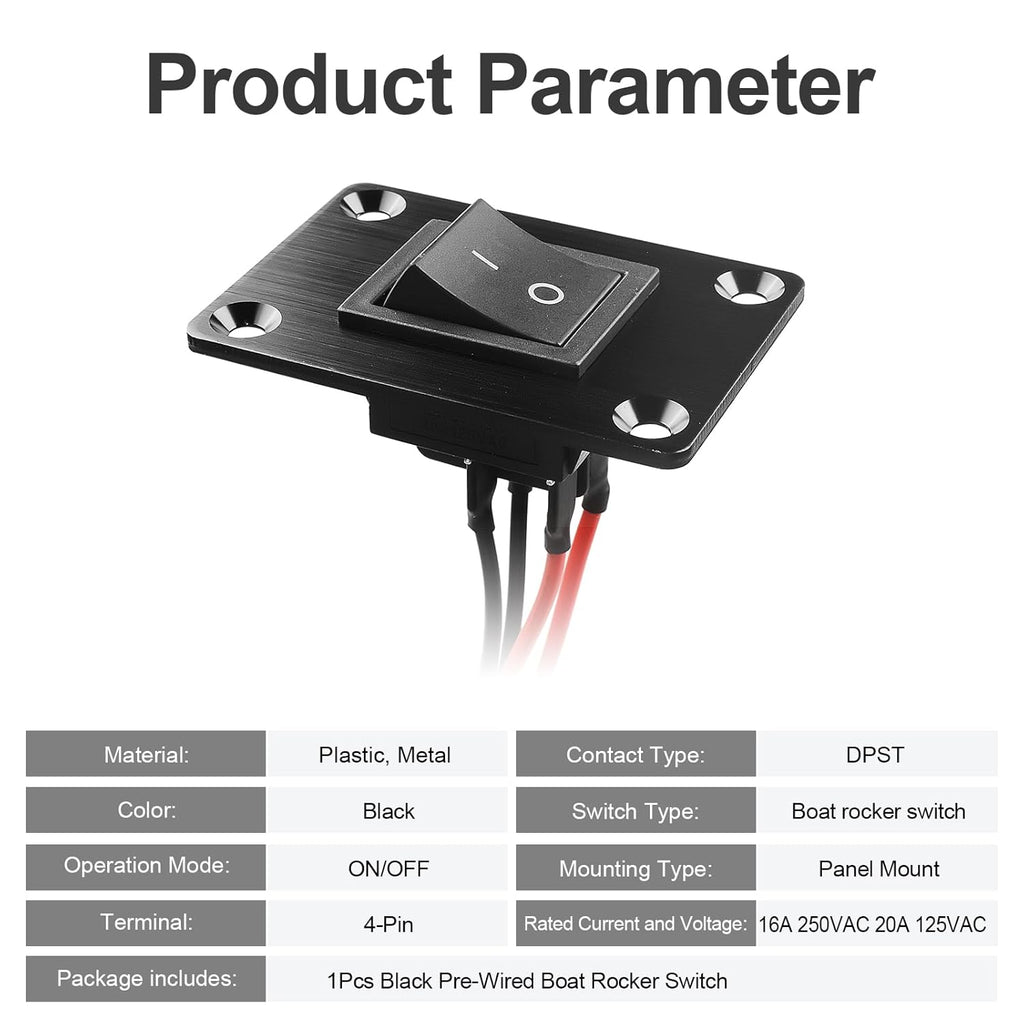 1Pcs Black KCD4 Boat Rocker Switch 2-Position 4-Pin Pre-Wired DPST Panel Switch 16A 250VAC 20A 125VAC, CE