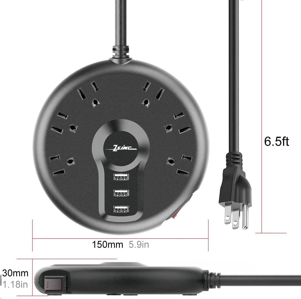 Power Strip, 6 Outlets and 3 USB Ports 6.5FT Long Extension Cord, Circle Socket Overload Surge Protector, 100% Copper Core, Flat Plug Charging Station Compact for Office, Home, Travel (Black)